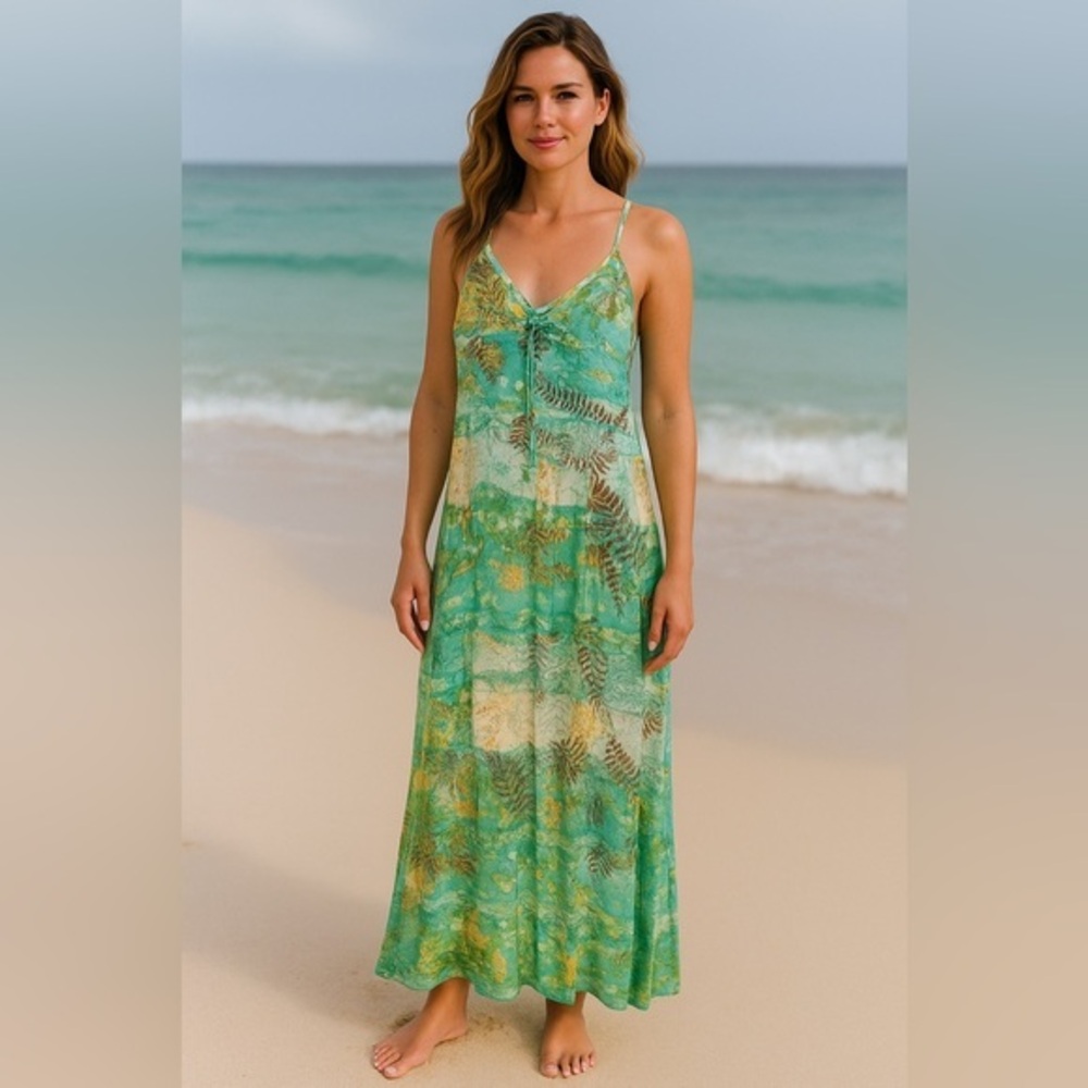 Green Multi Tropical Print Tiered Maxi Dress | Everyday Summer NWT M #1082